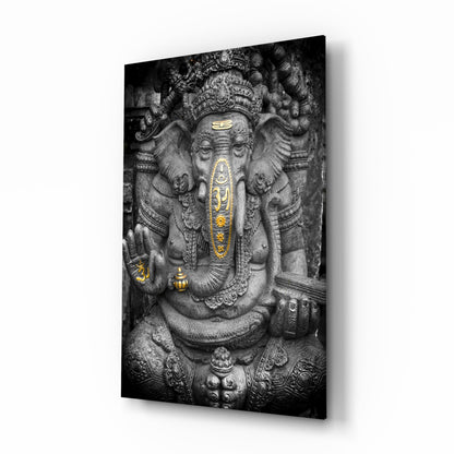 Ganesha stone carving glass wall art, black-and-white carved Ganesha with gold accents