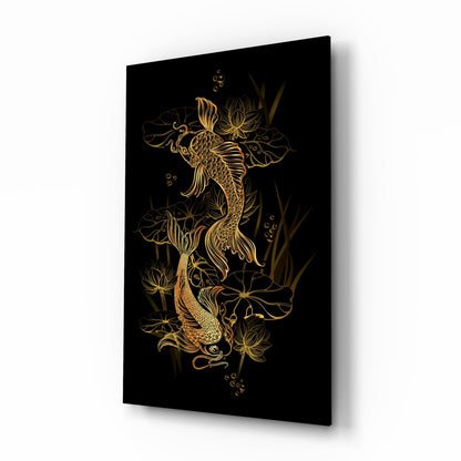 Yin yang koi pond glass wall art, two gold-line koi circling a lotus pond on black