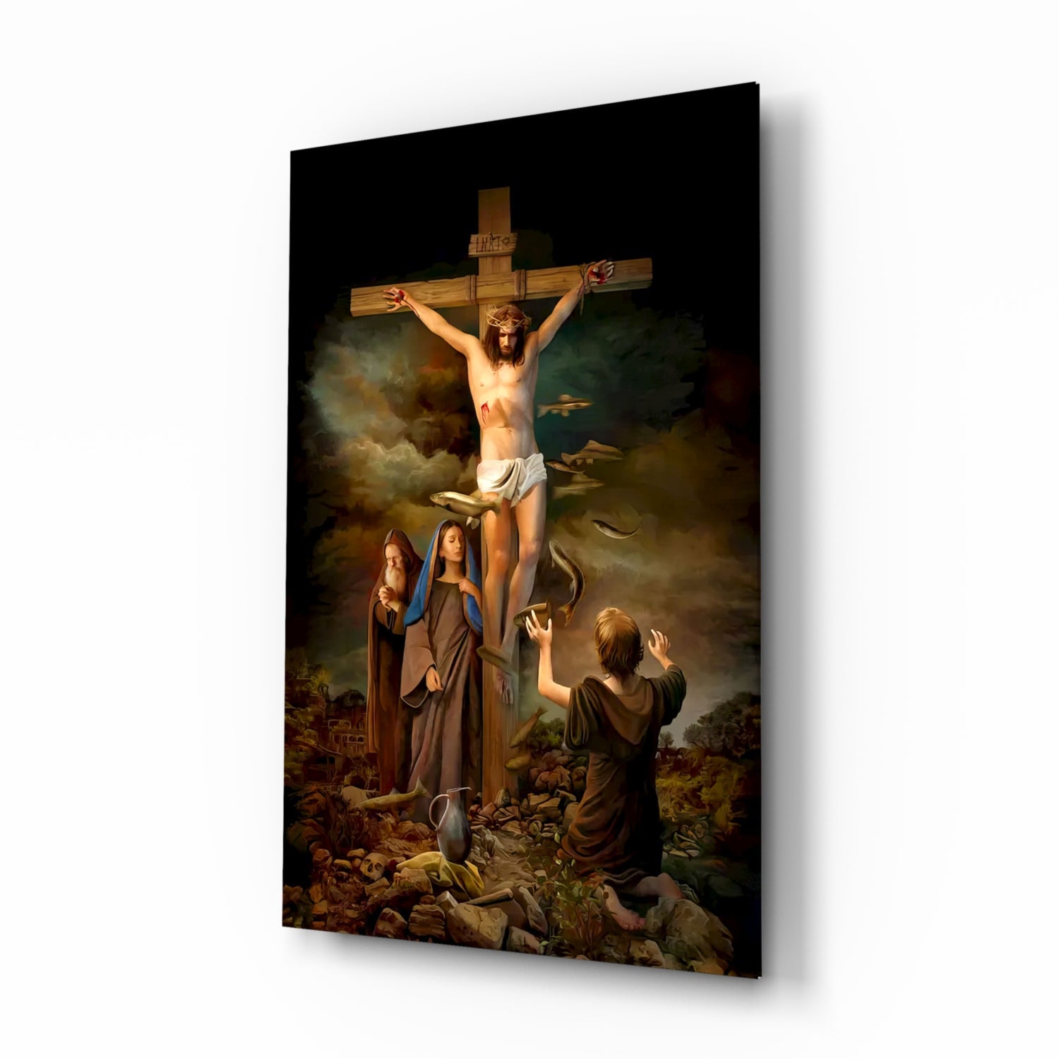 Crucifixion at Golgotha glass wall art with polished finish