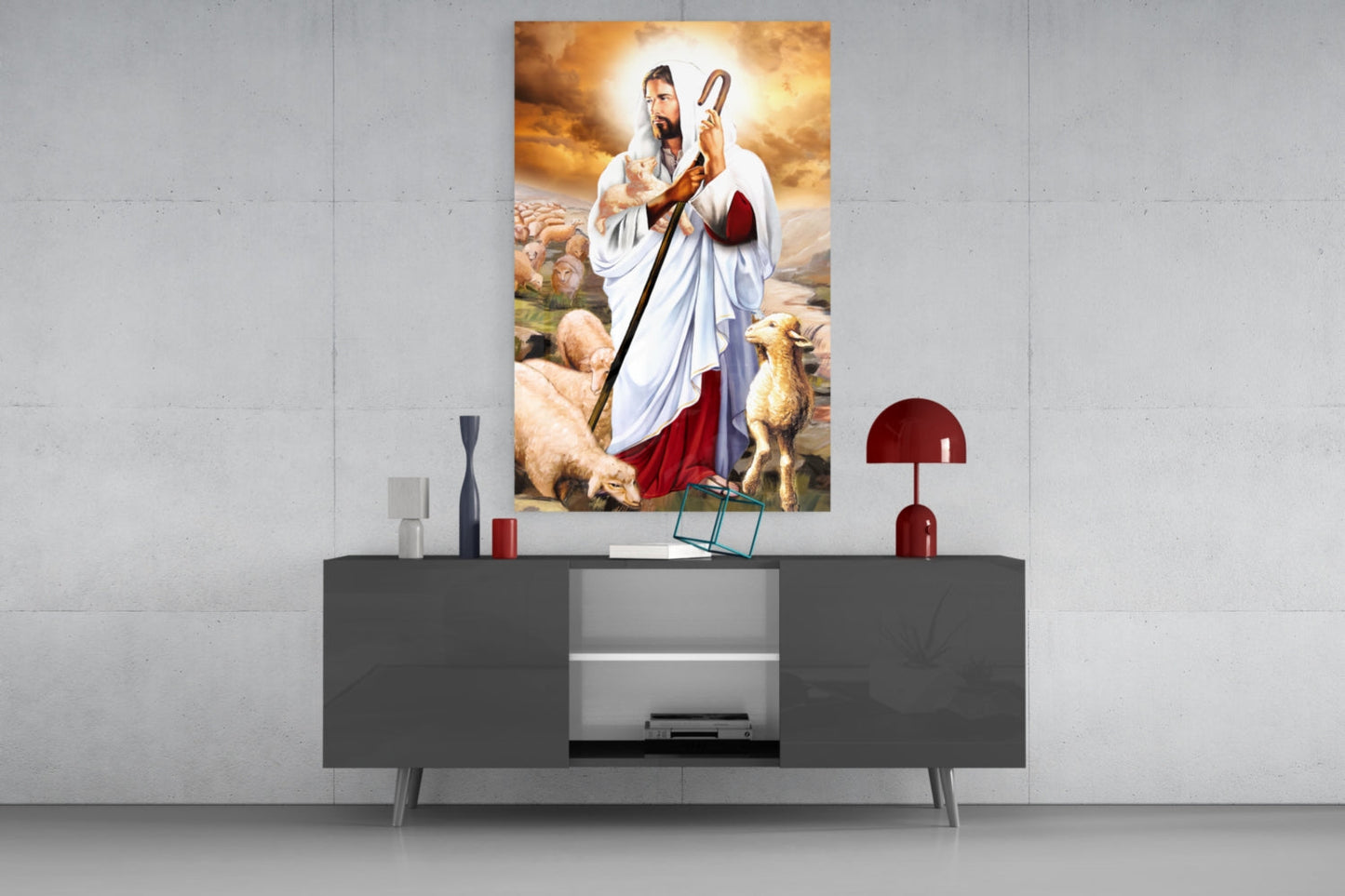 Good Shepherd with Lambs Jesus Glass Wall Art