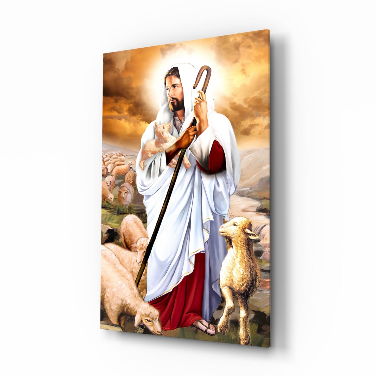 Good Shepherd with Lambs Jesus glass wall art devotional print