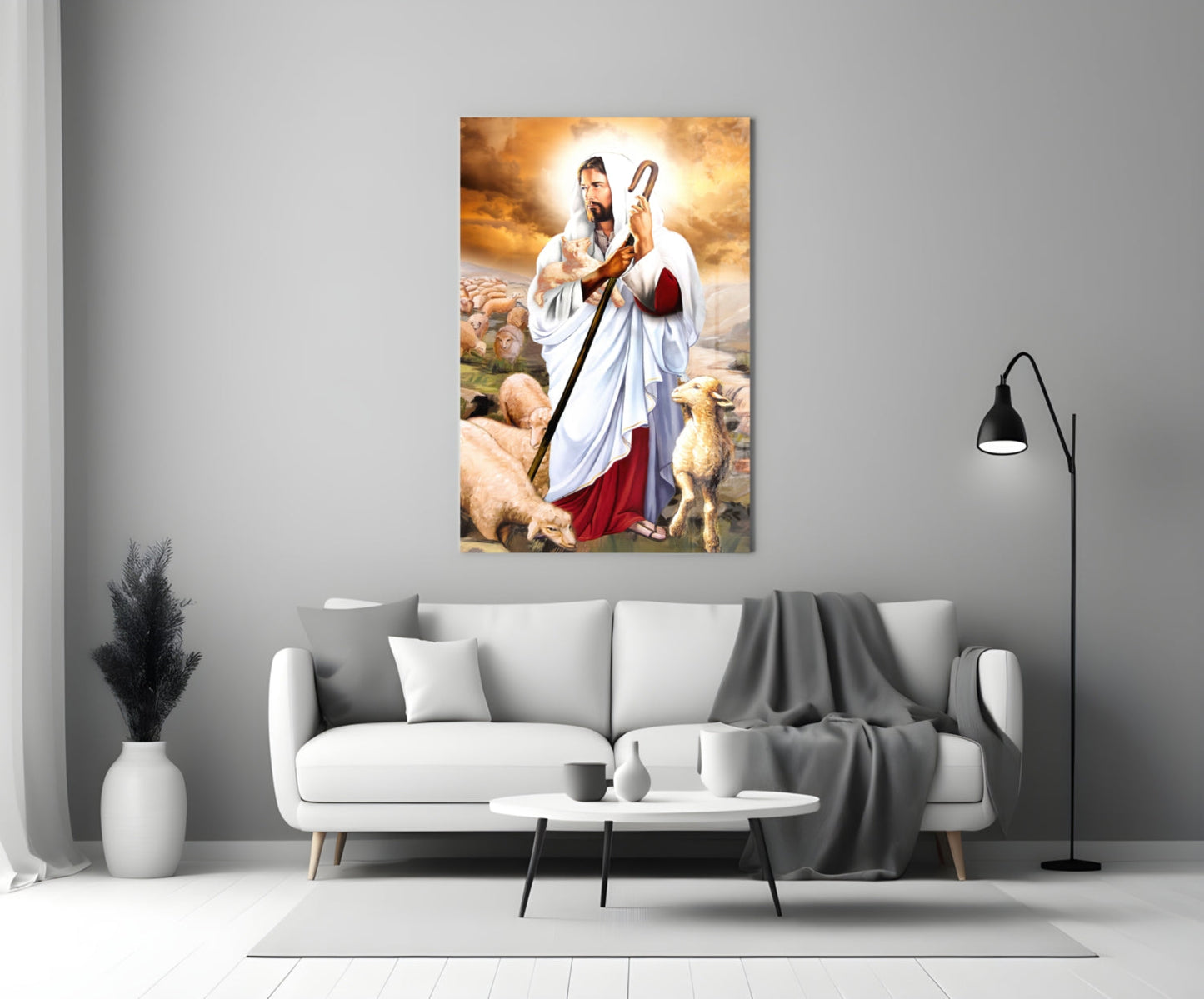 Good Shepherd with Lambs Jesus Glass Wall Art