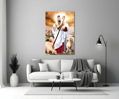 Good Shepherd with Lambs Jesus Glass Wall Art