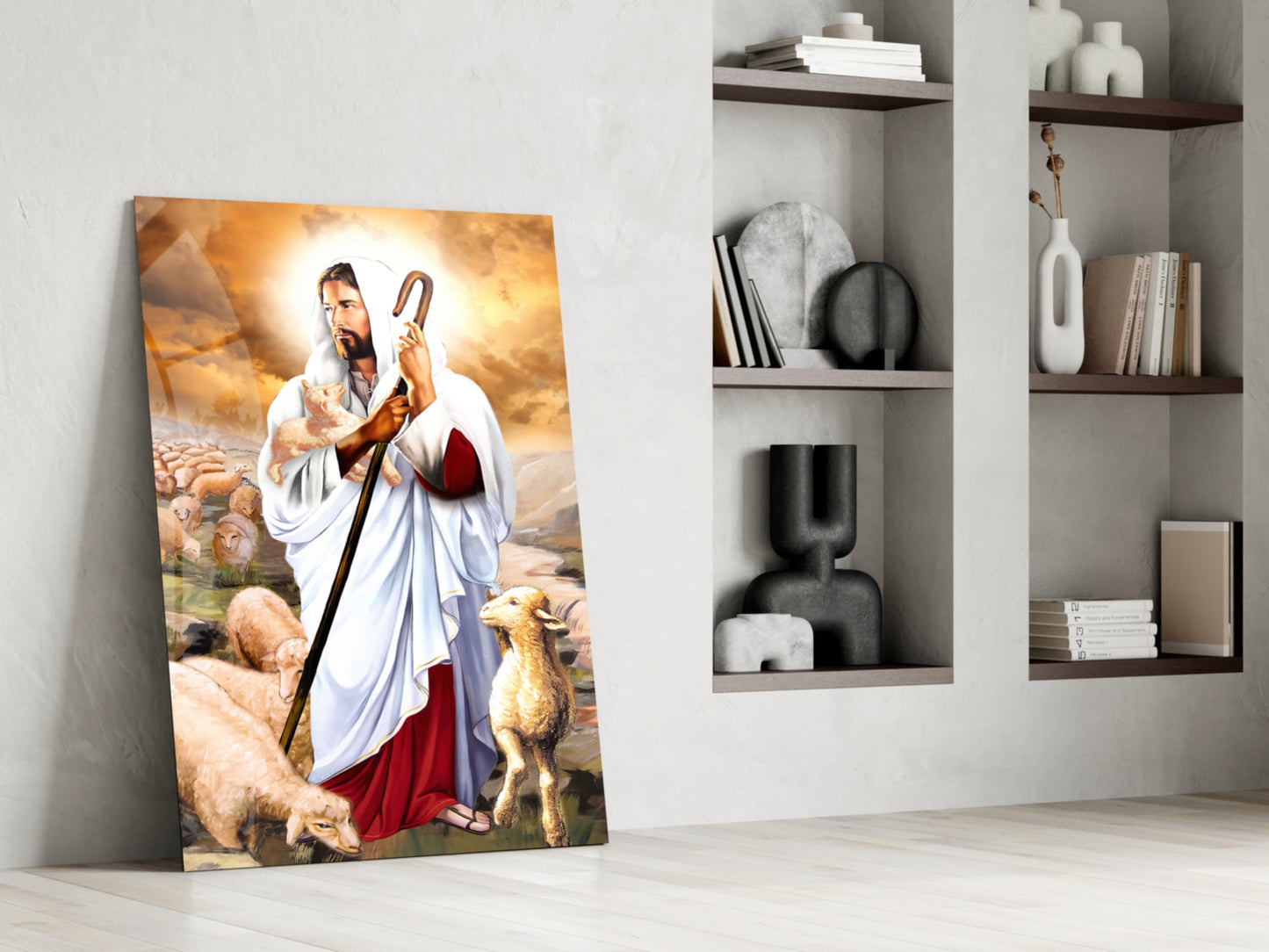 Good Shepherd with Lambs Jesus Glass Wall Art