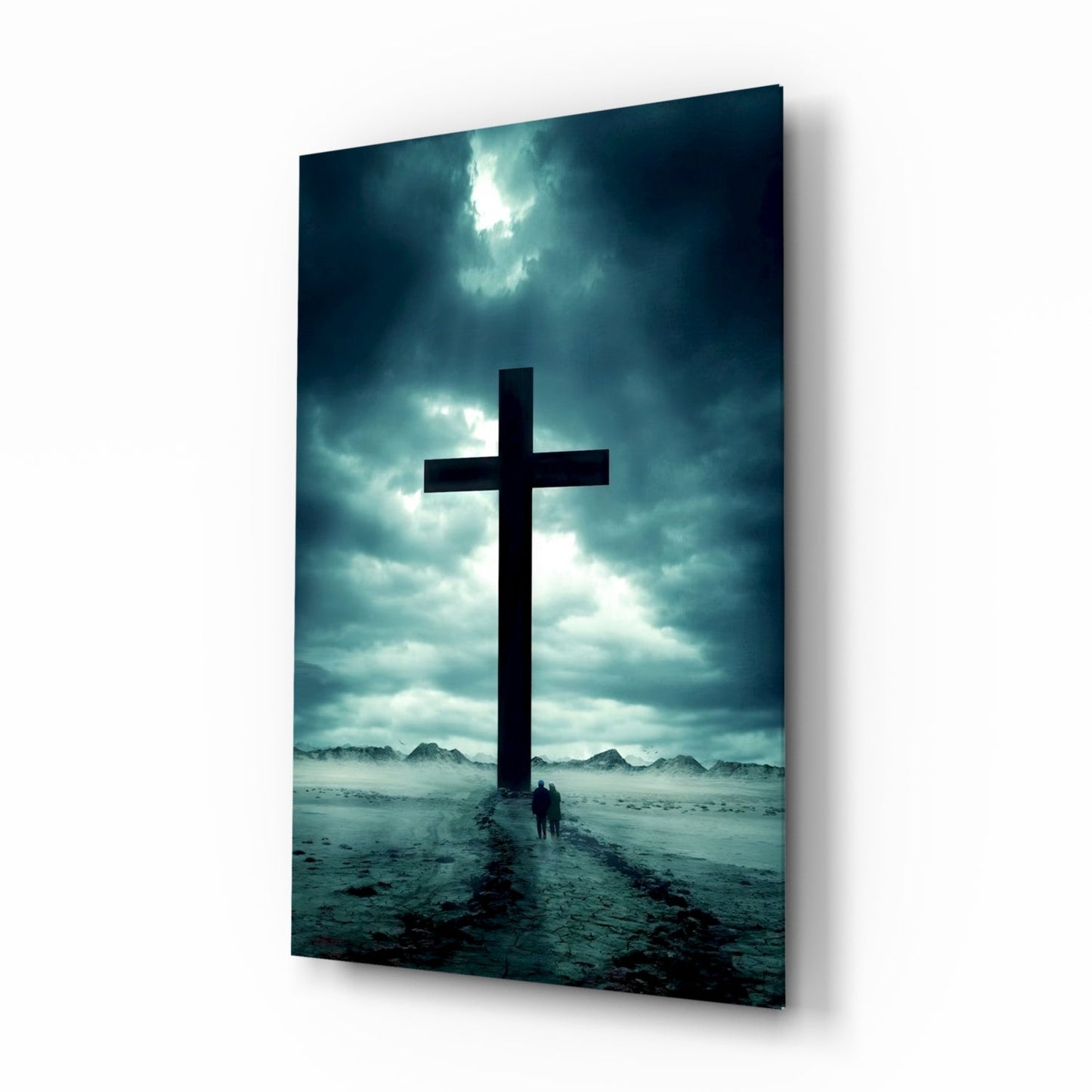 Desert Cross Silhouette glass wall art with storm-sky pilgrimage scene