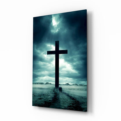 Desert Cross Silhouette glass wall art with storm-sky pilgrimage scene