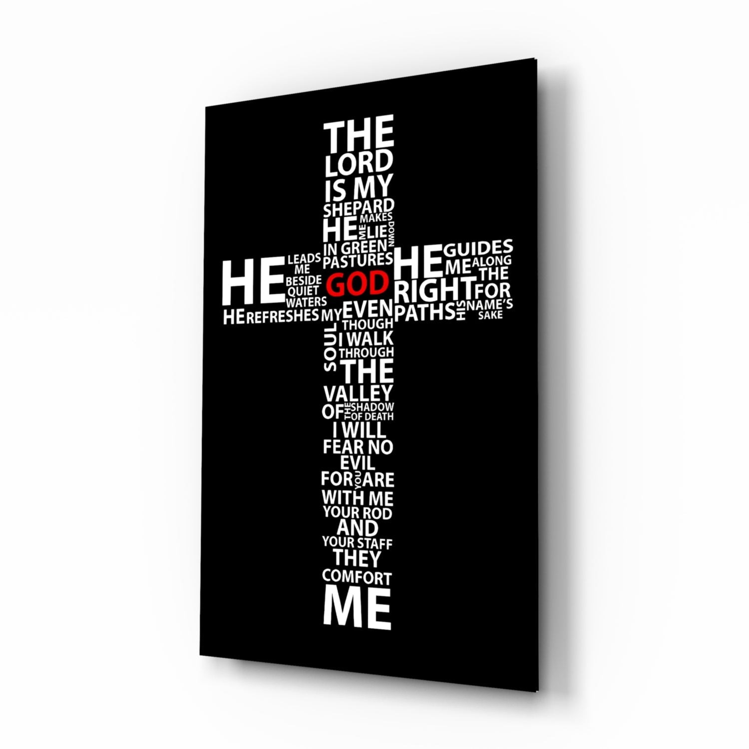 Psalm 23 cross glass wall art, scripture typography in the shape of a cross on black