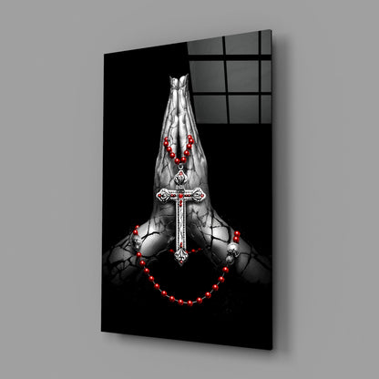 Praying Hands Rosary Cross Glass Wall Art
