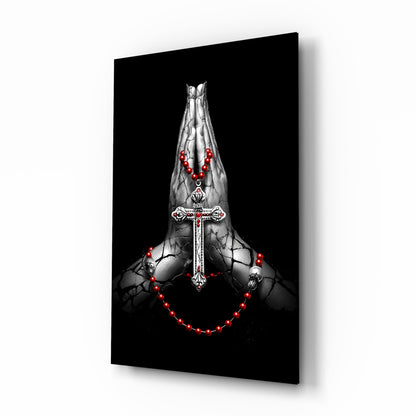 Praying hands rosary cross glass wall art