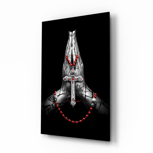 Praying hands rosary cross glass wall art