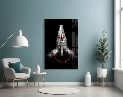 Praying Hands Rosary Cross Glass Wall Art