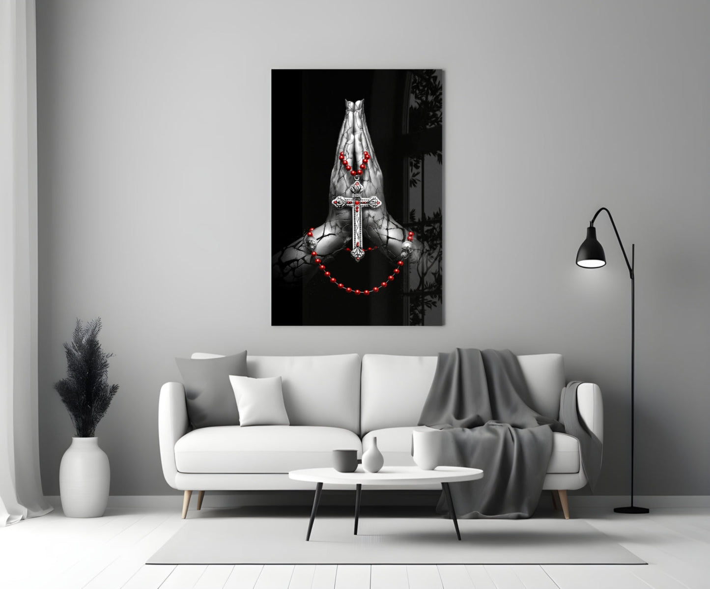 Praying Hands Rosary Cross Glass Wall Art