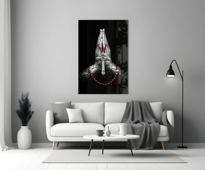 Praying Hands Rosary Cross Glass Wall Art