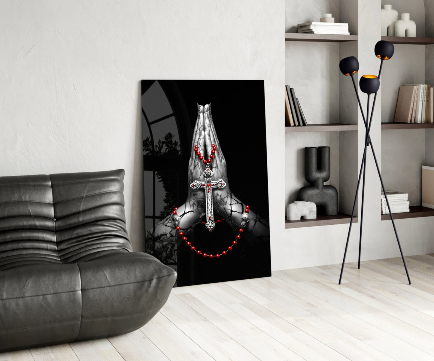 Praying Hands Rosary Cross Glass Wall Art