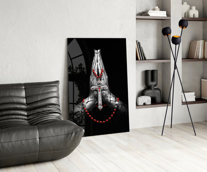 Praying Hands Rosary Cross Glass Wall Art