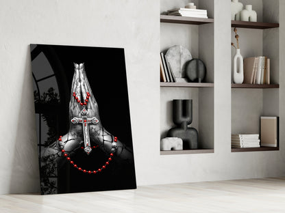 Praying Hands Rosary Cross Glass Wall Art
