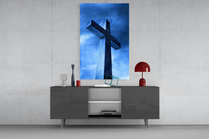 Blue Rain Stone Cross Glass Wall Art