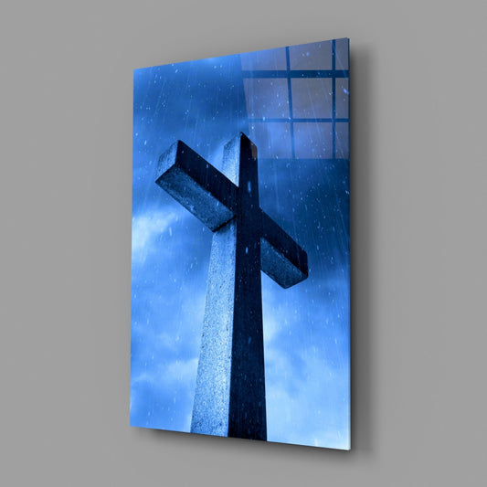 Blue Rain Stone Cross Glass Wall Art
