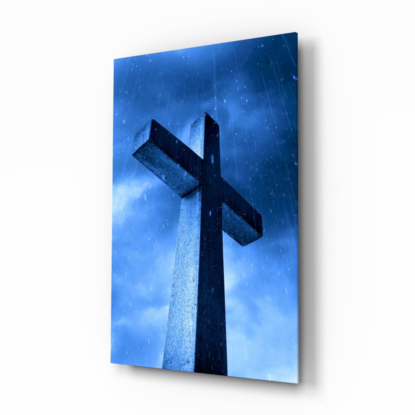 Blue Rain Stone Cross Glass Wall Art