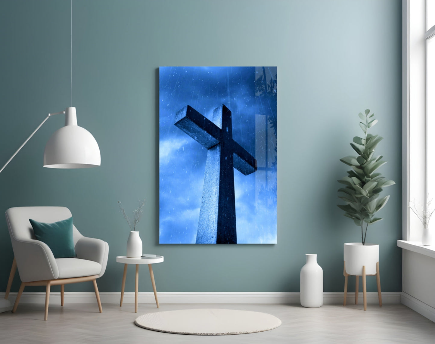 Blue Rain Stone Cross Glass Wall Art