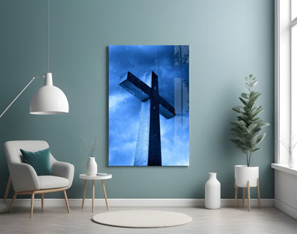 Blue Rain Stone Cross Glass Wall Art