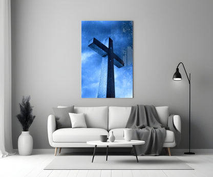 Blue Rain Stone Cross Glass Wall Art