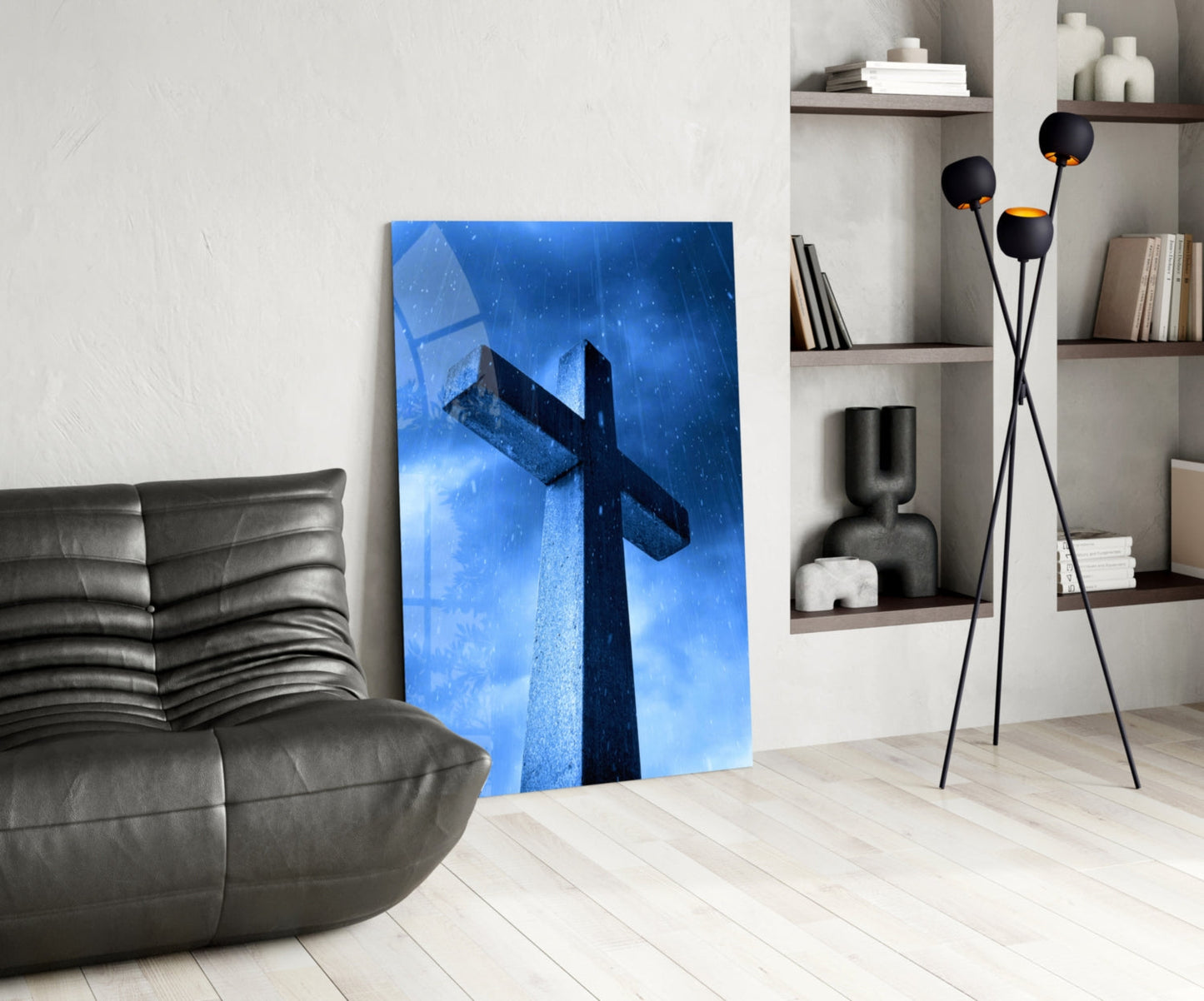 Blue Rain Stone Cross Glass Wall Art