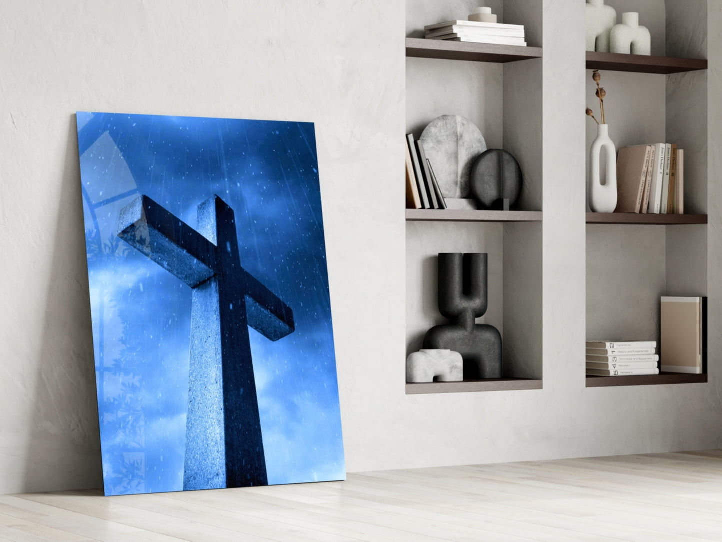 Blue Rain Stone Cross Glass Wall Art