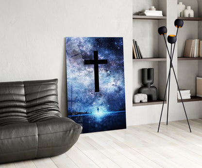 Cosmic Cross Starry Sky Glass Wall Art