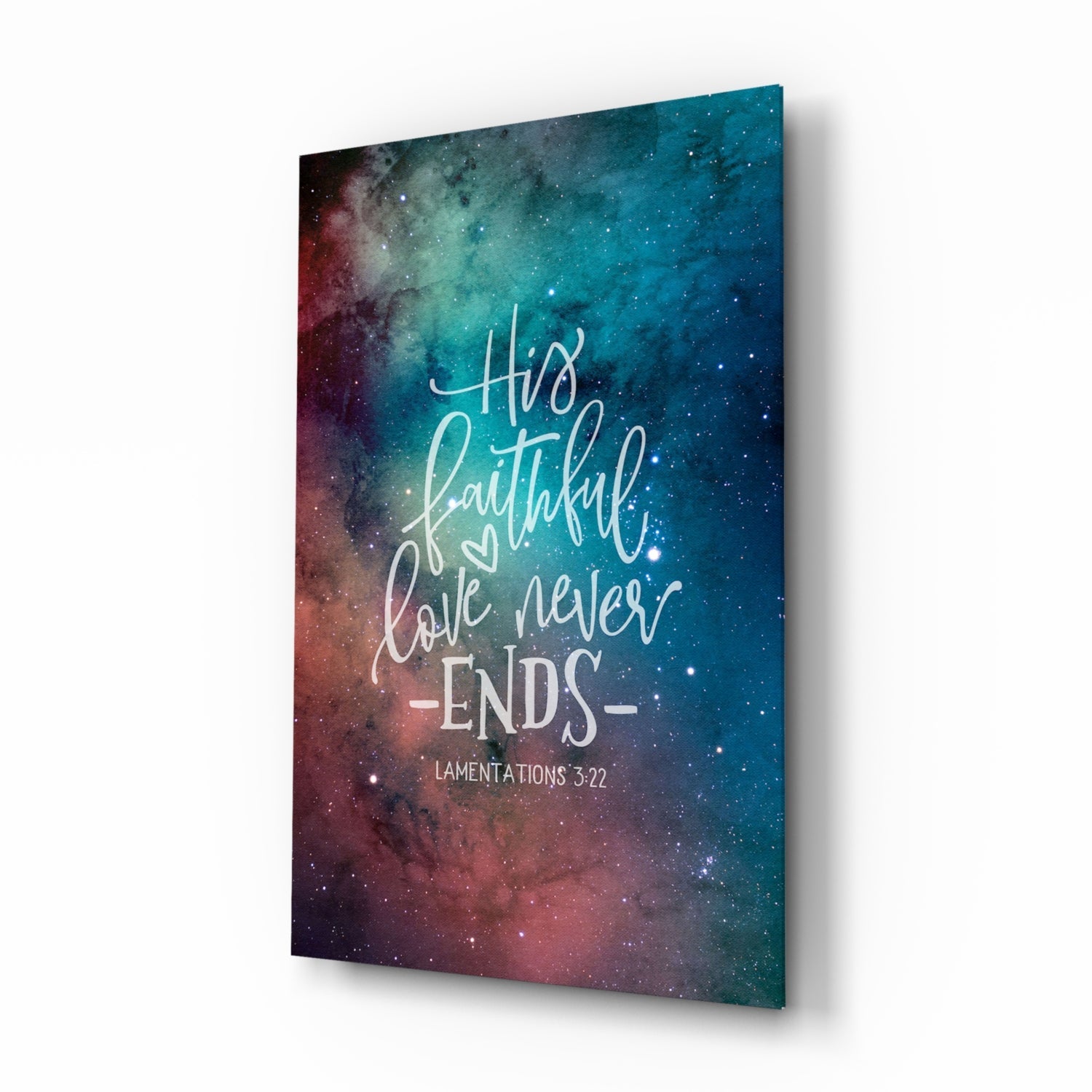 Faithful Love glass wall art with nebula sky and ivory scripture cursive