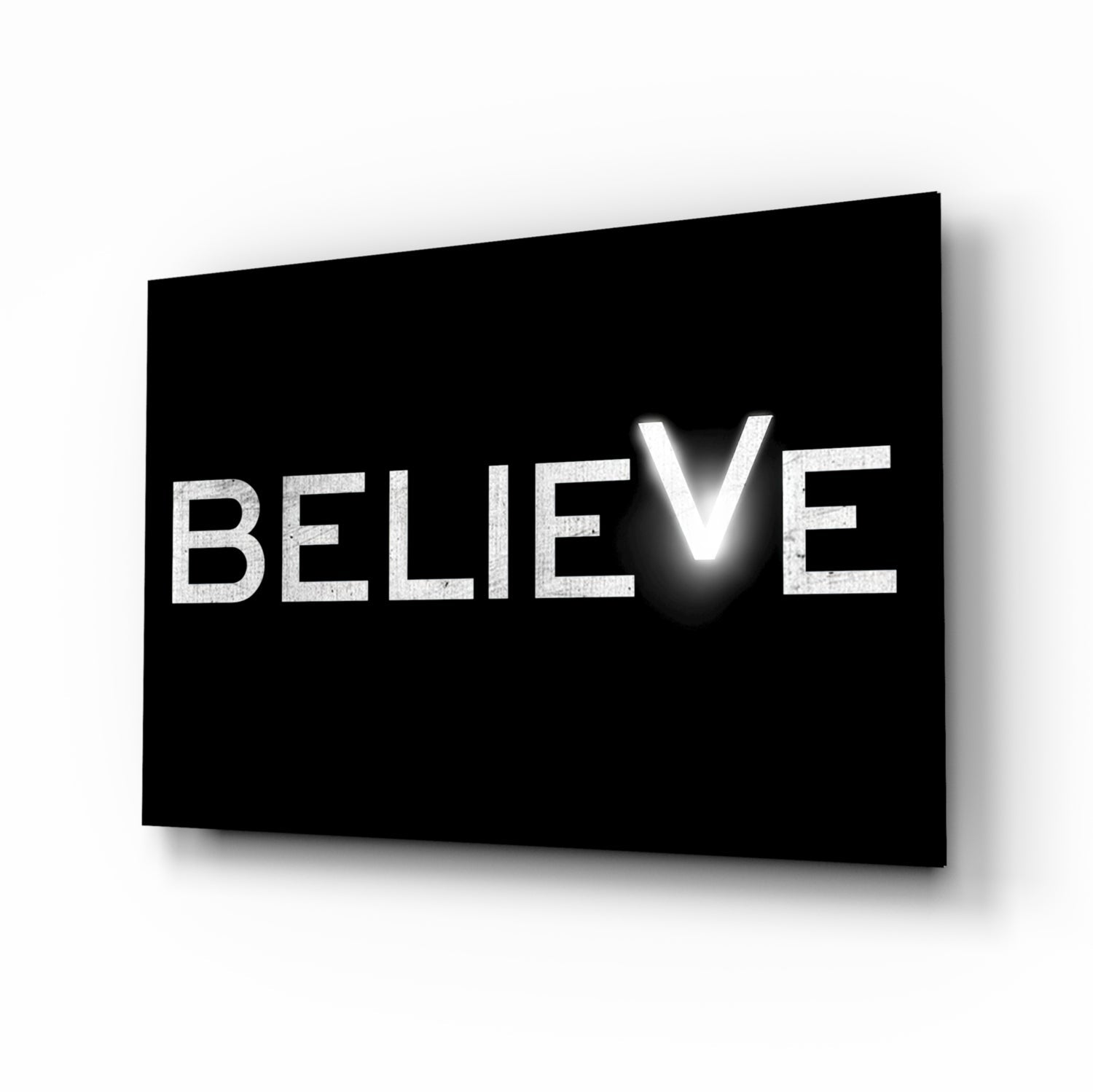 Believe glass wall art motivational typography