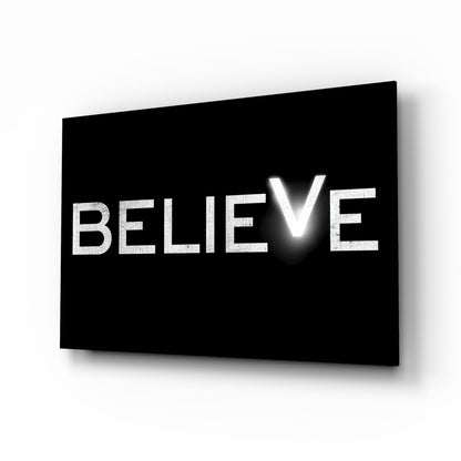 Believe glass wall art motivational typography