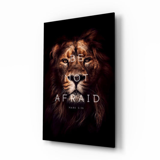 Be Not Afraid lion scripture glass wall art, mahogany lion portrait with Mark 5:36 typography