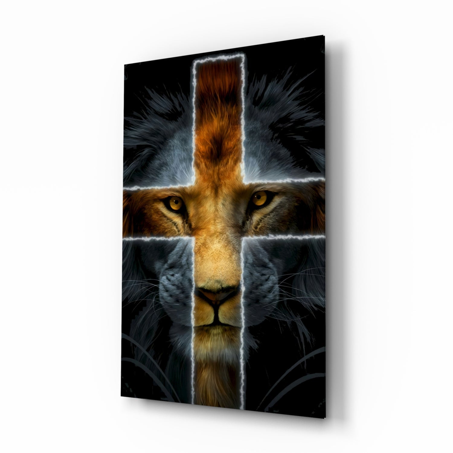 Lion of Judah cross glass wall art mahogany and ivory tempered glass