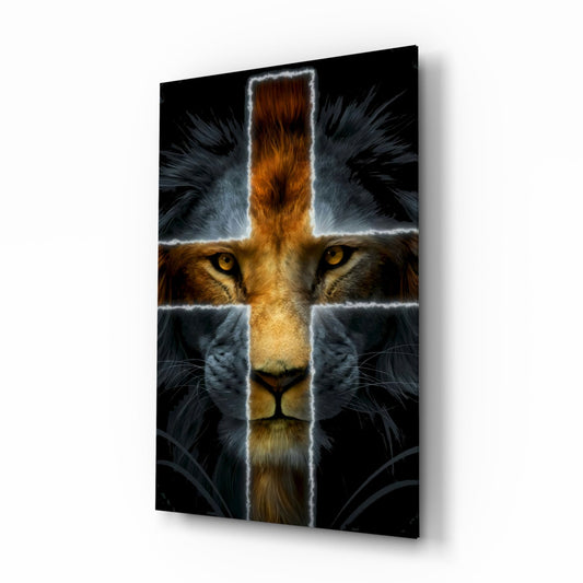 Lion of Judah cross glass wall art mahogany and ivory tempered glass