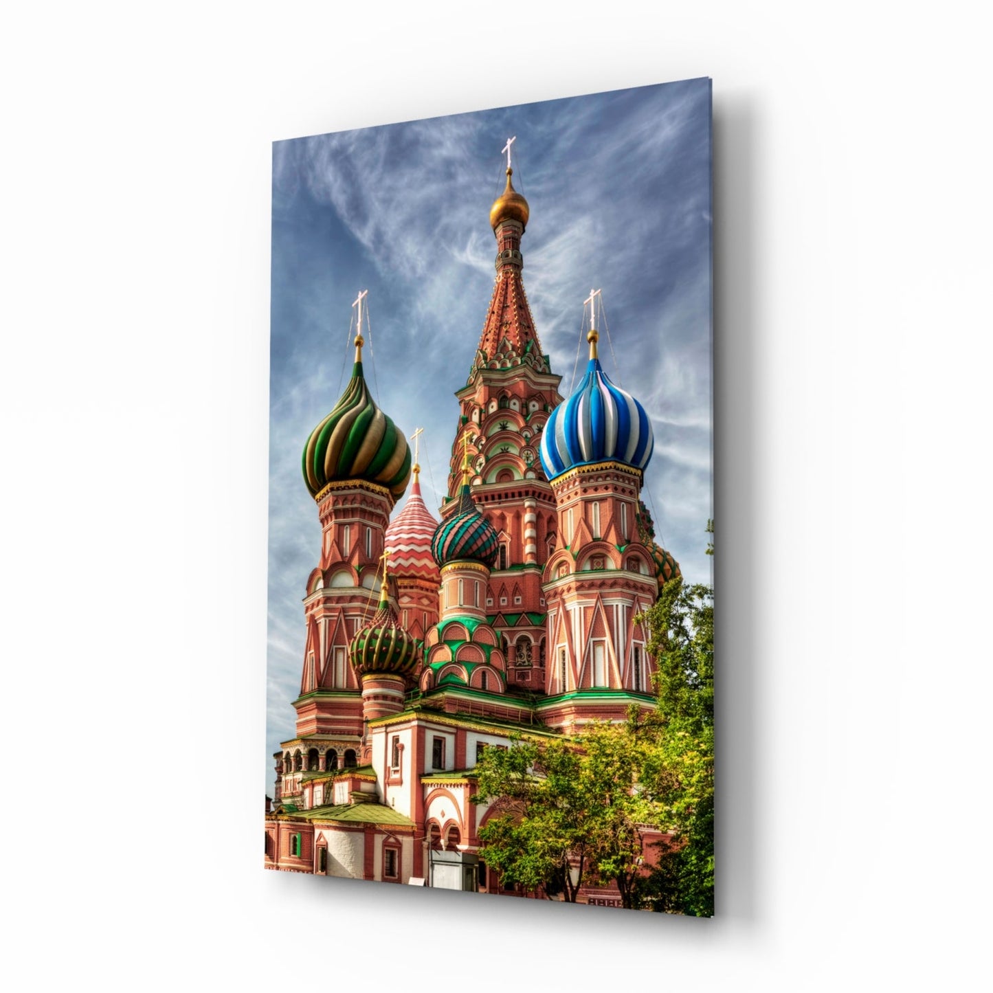 Saint Basil's Cathedral glass wall art with emerald and gold domes