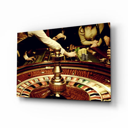 Casino roulette glass wall art with amber and emerald cinematic scene