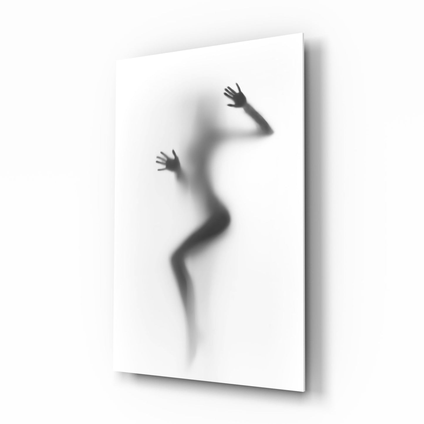 Woman in fog glass wall art, soft black-and-white figure fading into a milky haze
