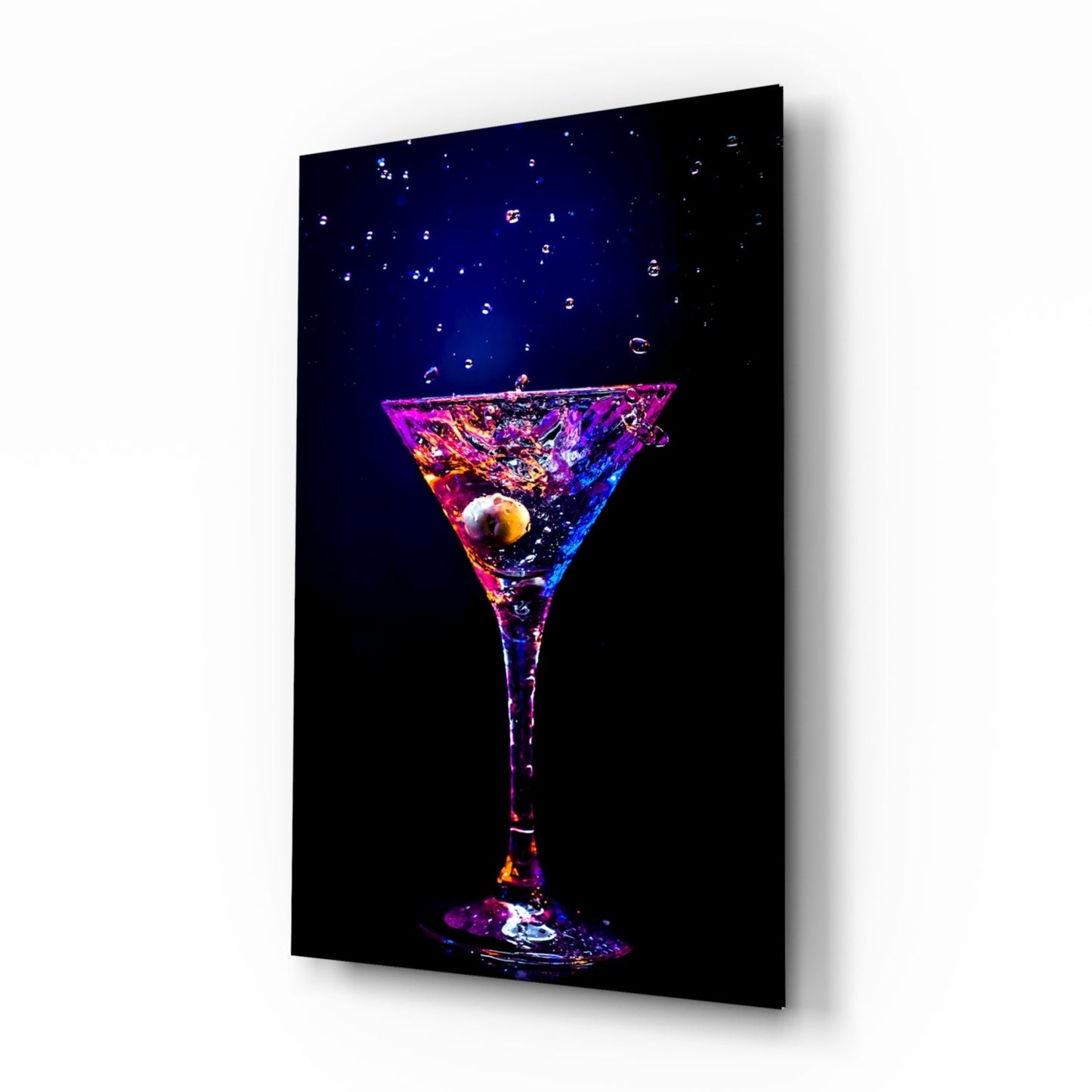 Cocktail glass wall art with neon cobalt and magenta splash