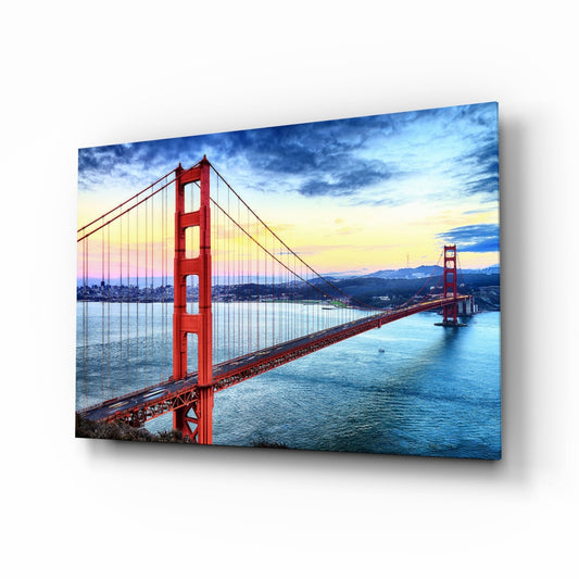 Golden Gate Bridge glass wall art with scarlet towers