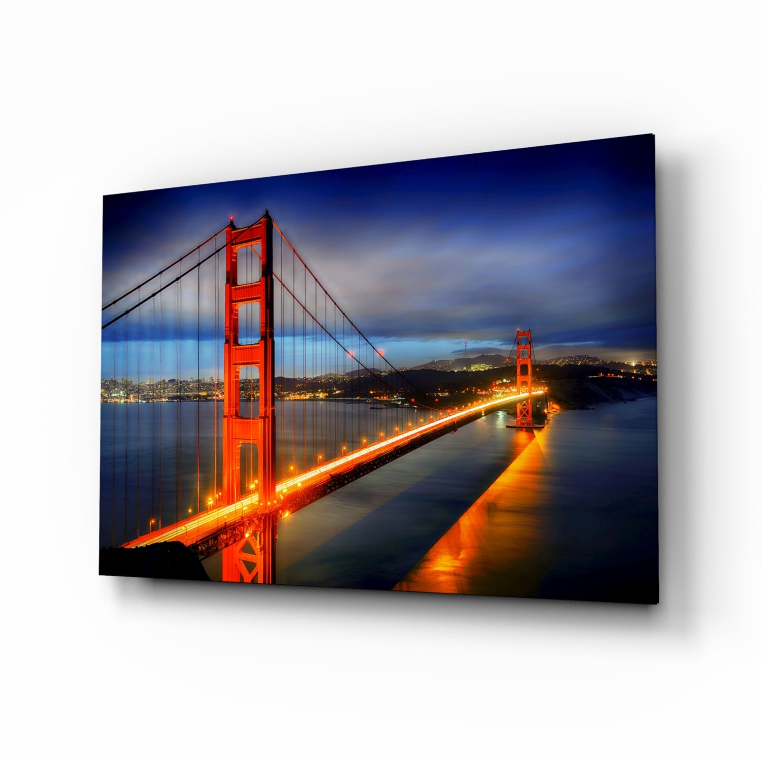 Golden Gate Bridge glass wall art, night cityscape design