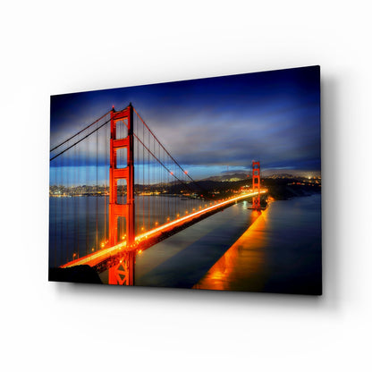Golden Gate Bridge glass wall art, night cityscape design
