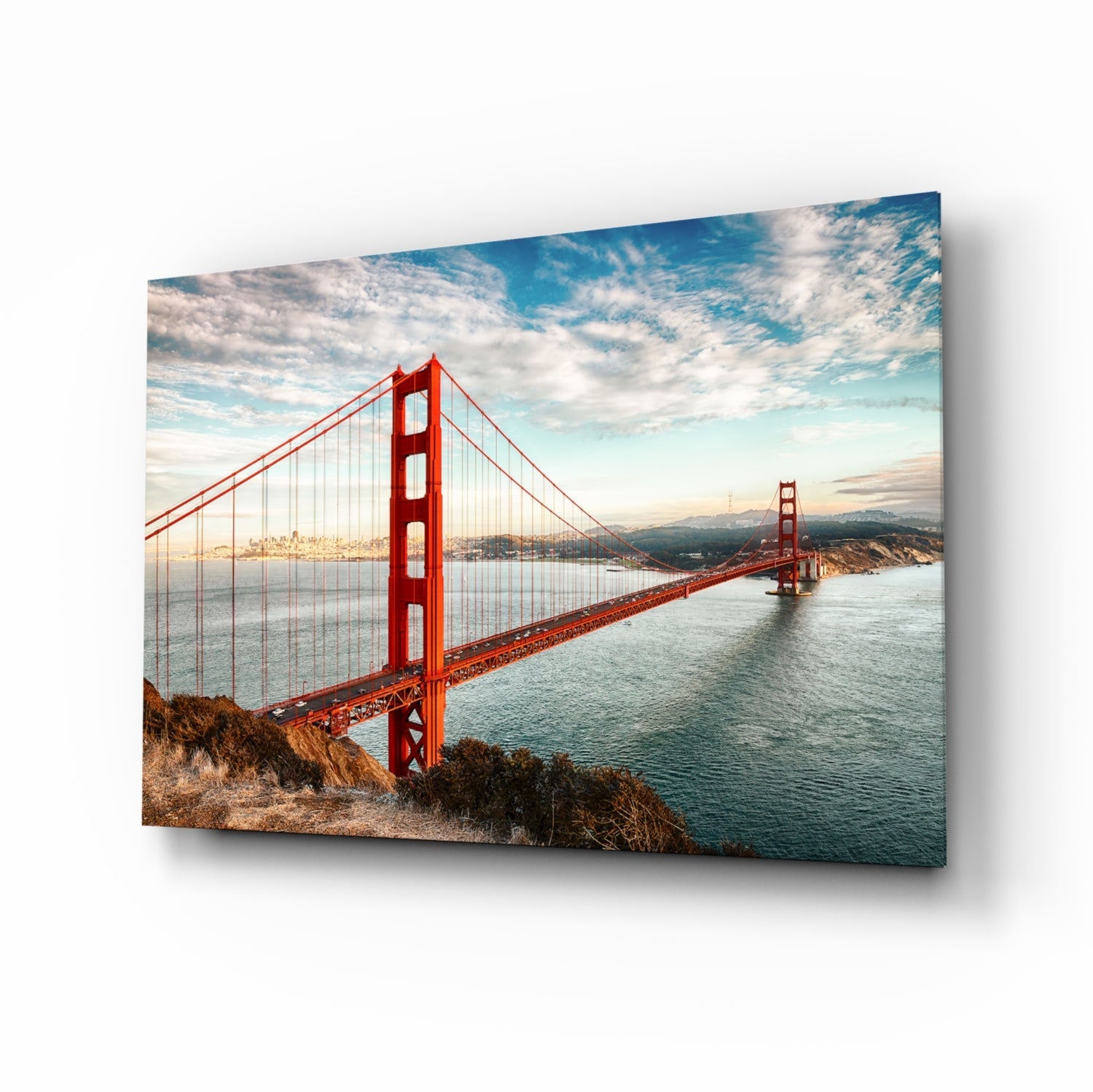 Golden Gate Bridge glass wall art with scarlet towers and cumulus sky