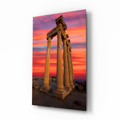 Temple of Apollo glass wall art with scarlet and violet sunset