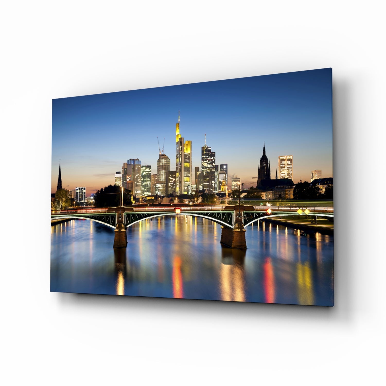 Frankfurt skyline glass wall art at blue hour
