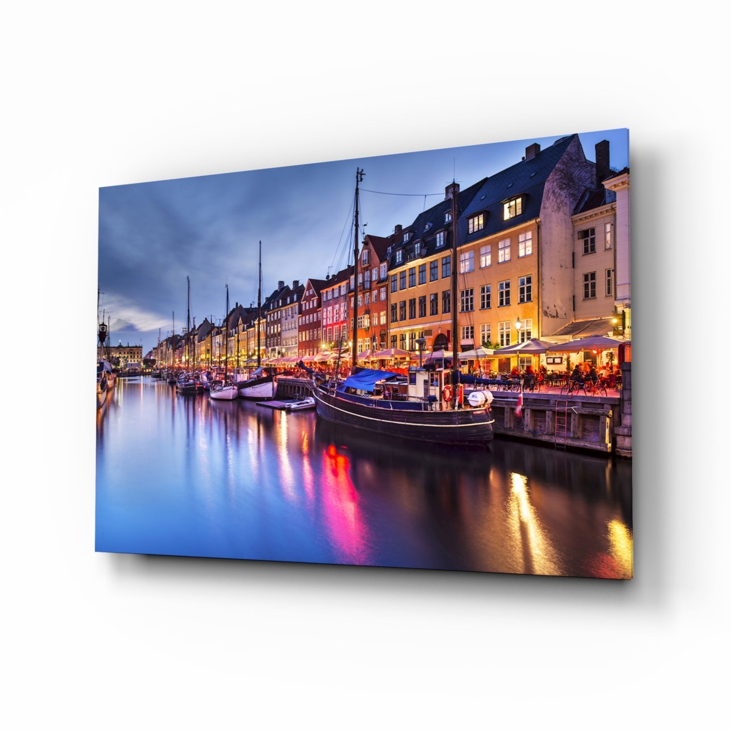 Nyhavn Copenhagen glass wall art at twilight
