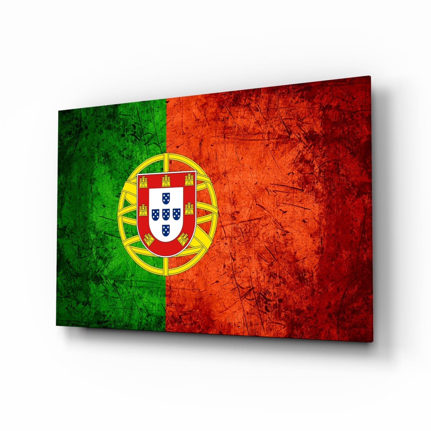Portugal flag glass wall art with emerald, crimson and gold tones