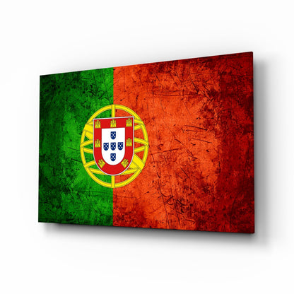 Portugal flag glass wall art with emerald, crimson and gold tones