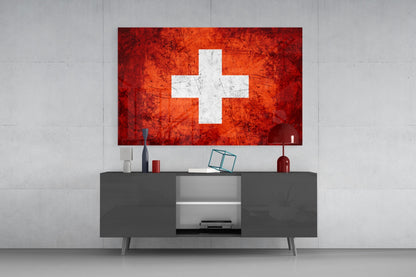Flag of Switzerland Rustic Stone Glass Wall Art