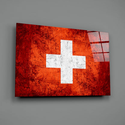 Flag of Switzerland Rustic Stone Glass Wall Art